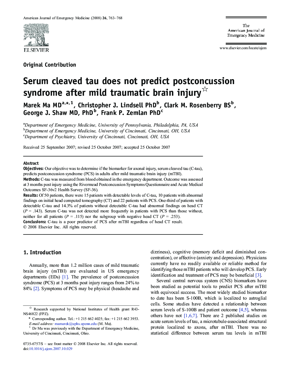 عکس صفحه اول مقاله: Serum cleaved tau does not predict postconcussion syndrome after mild traumatic brain injury Serum cleaved tau does not predict postconcussion syndrome after mild traumatic brain injury