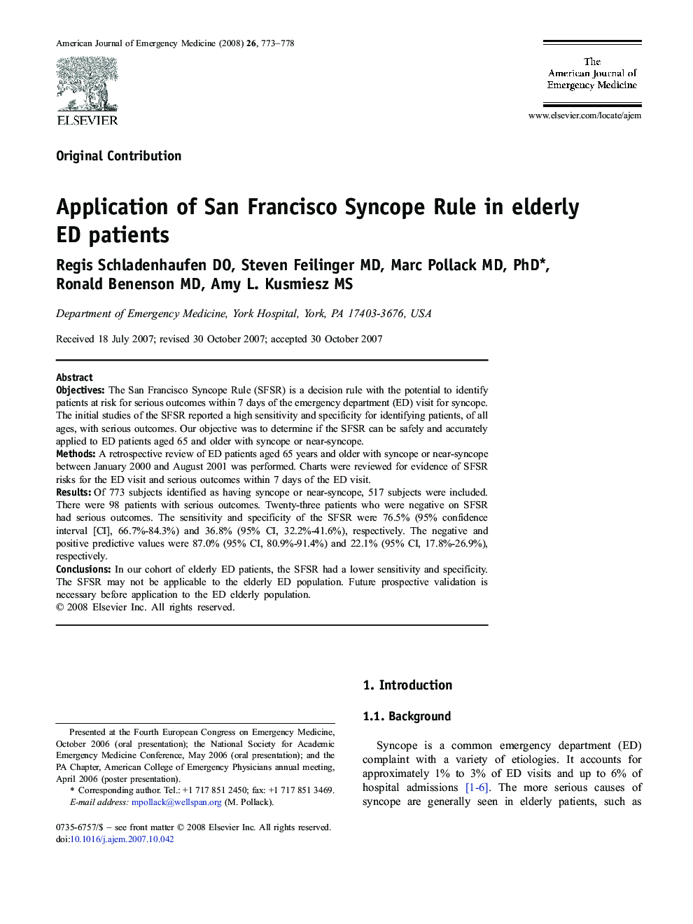 عکس صفحه اول مقاله: Application of San Francisco Syncope Rule in elderly ED patients Application of San Francisco Syncope Rule in elderly ED patients