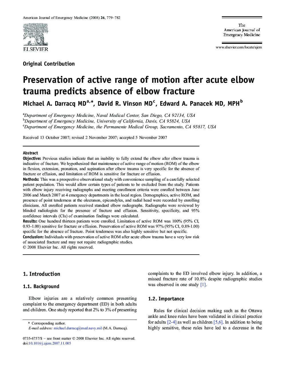 Preservation of active range of motion after acute elbow trauma predicts absence of elbow fracture