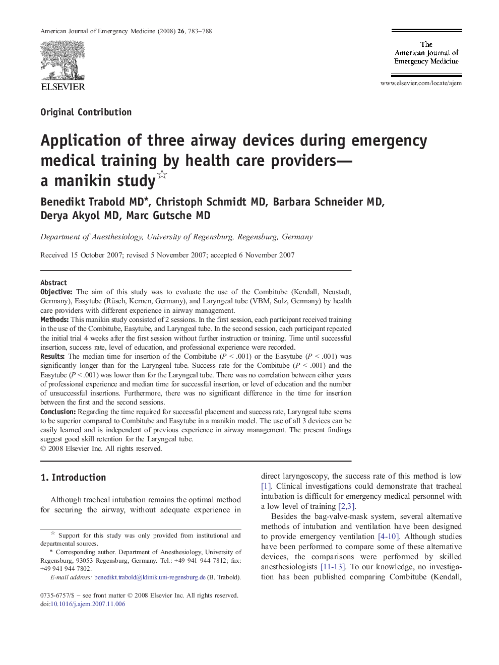 عکس صفحه اول مقاله: Application of three airway devices during emergency medical training by health care providers—a manikin study Application of three airway devices during emergency medical training by health care providers—a manikin study