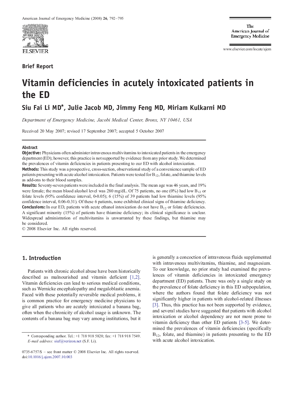Vitamin deficiencies in acutely intoxicated patients in the ED