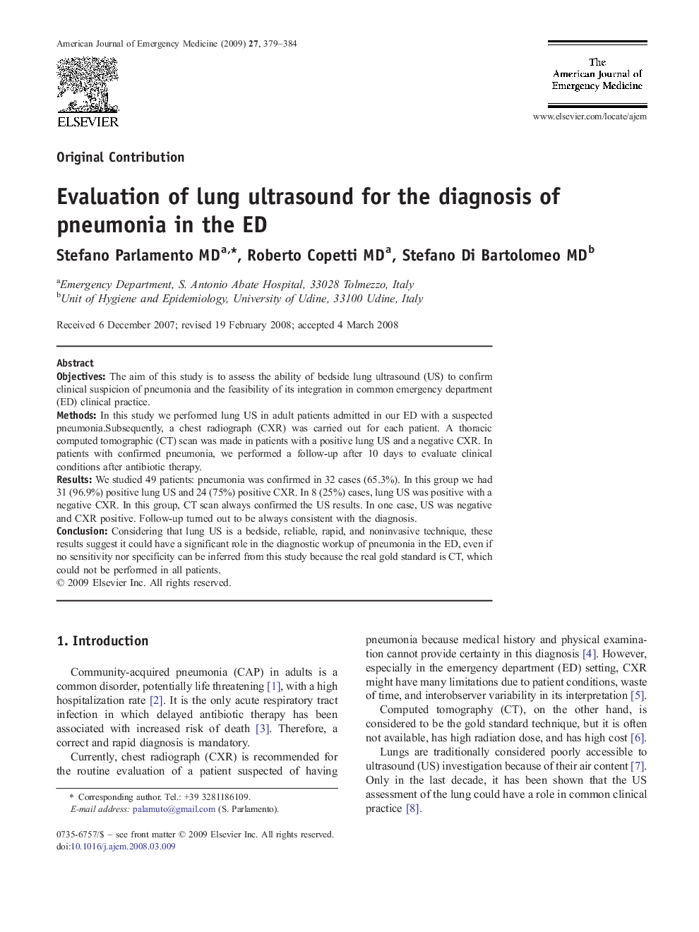 Evaluation of lung ultrasound for the diagnosis of pneumonia in the ED