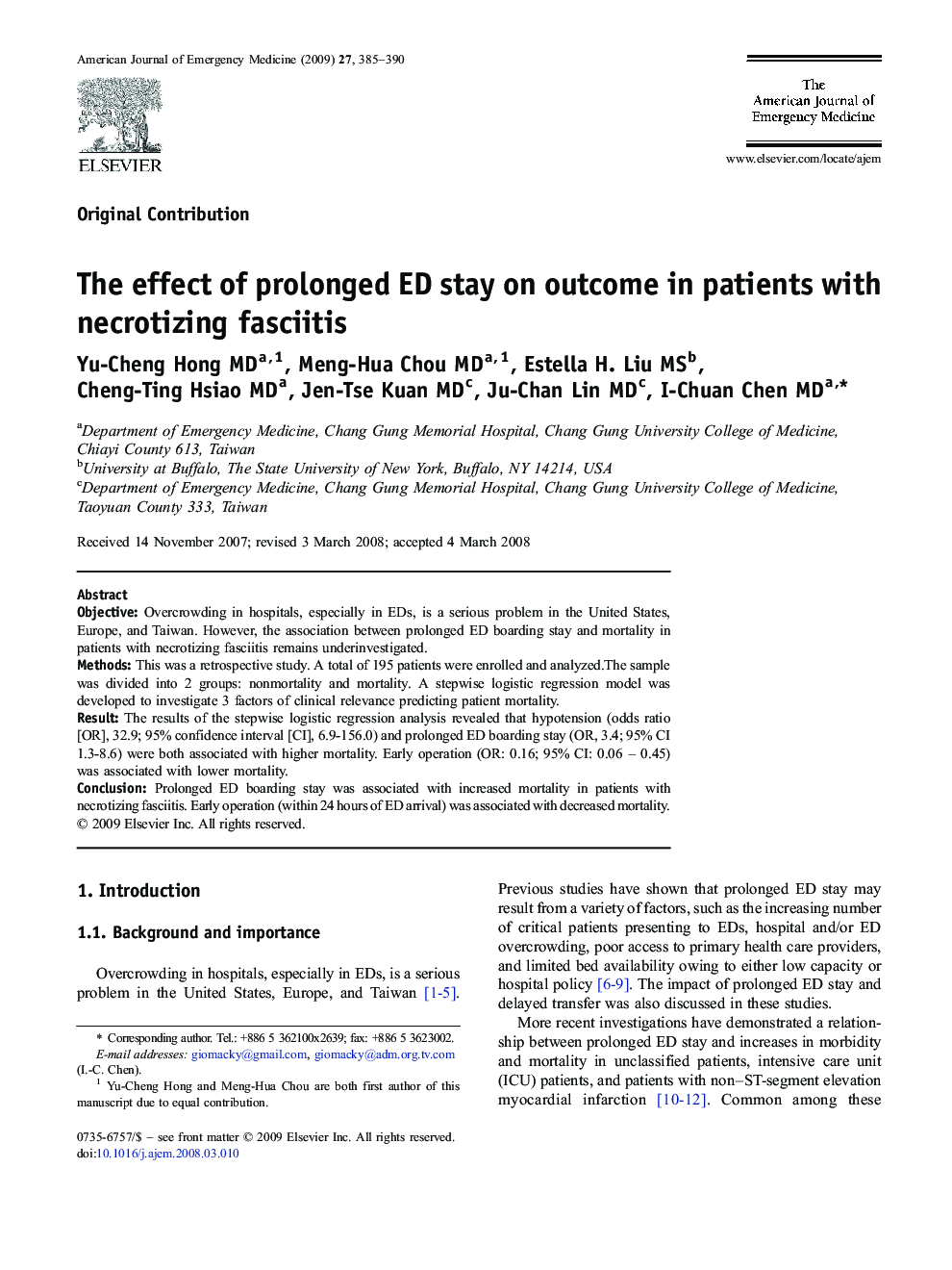 The effect of prolonged ED stay on outcome in patients with necrotizing fasciitis