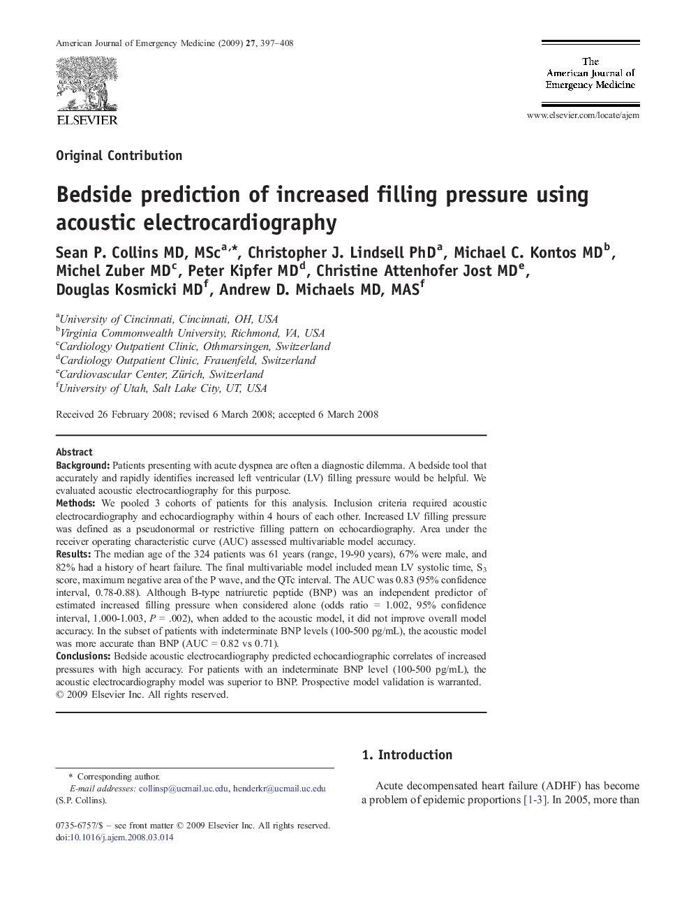 Bedside prediction of increased filling pressure using acoustic electrocardiography