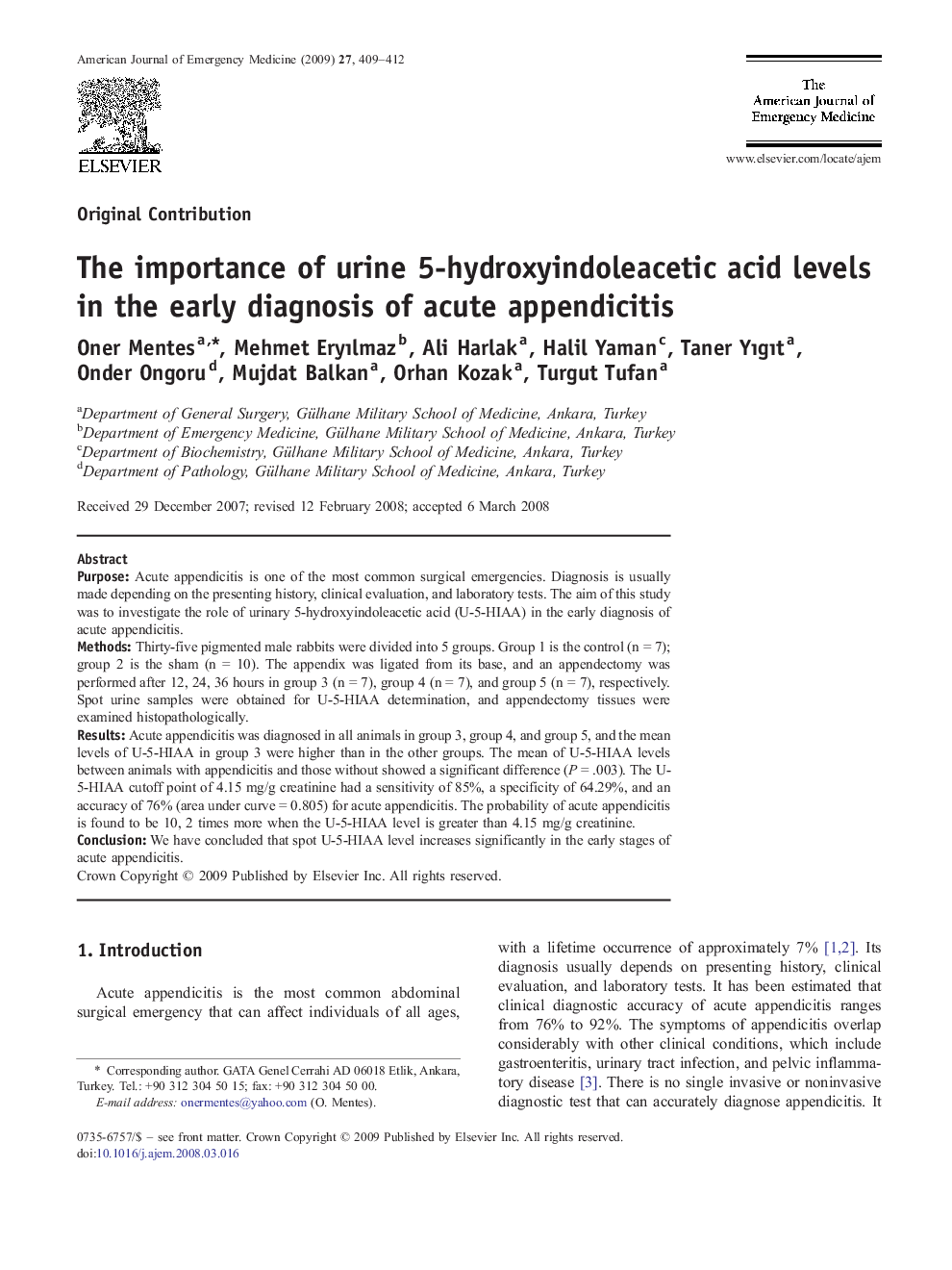 The importance of urine 5-hydroxyindoleacetic acid levels in the early diagnosis of acute appendicitis