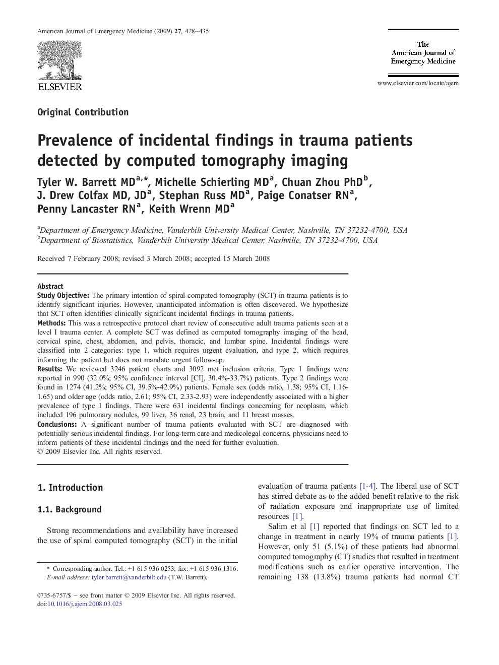 Prevalence of incidental findings in trauma patients detected by computed tomography imaging