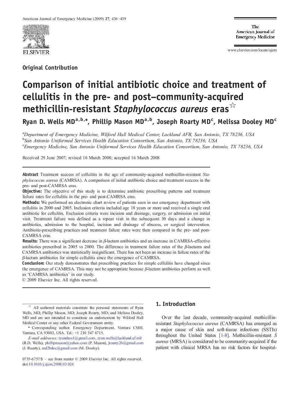 Comparison of initial antibiotic choice and treatment of cellulitis in the pre- and post–community-acquired methicillin-resistant Staphylococcus aureus eras 