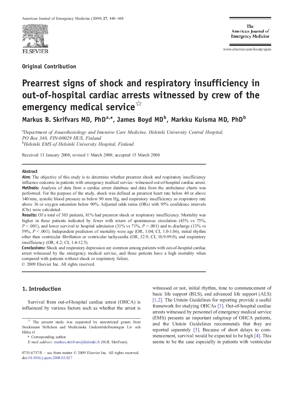 Prearrest signs of shock and respiratory insufficiency in out-of-hospital cardiac arrests witnessed by crew of the emergency medical service