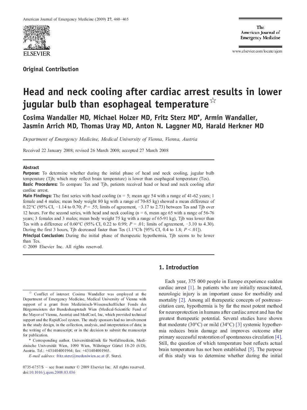 Head and neck cooling after cardiac arrest results in lower jugular bulb than esophageal temperature 