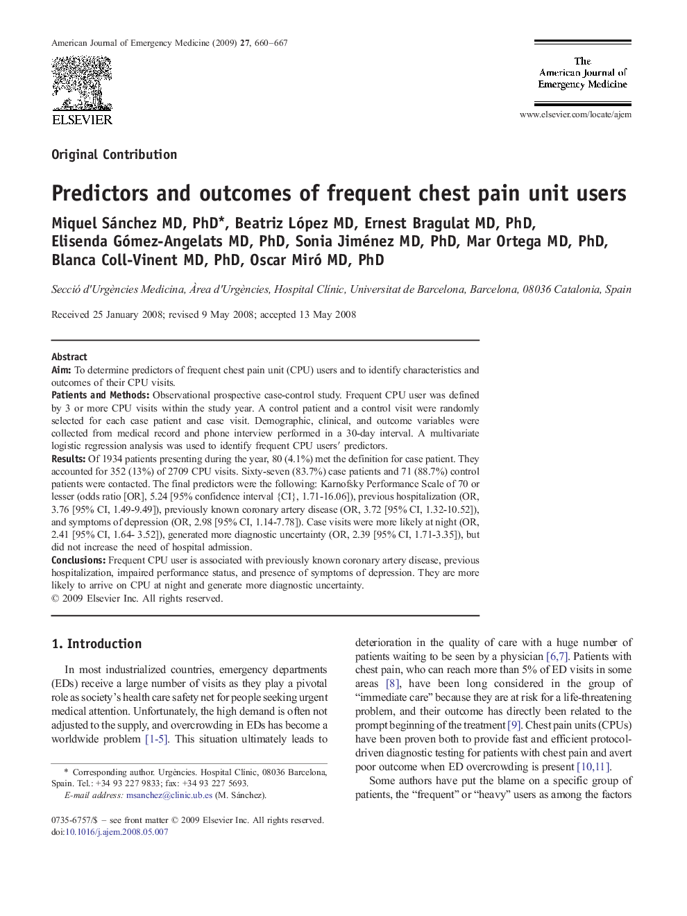 Predictors and outcomes of frequent chest pain unit users