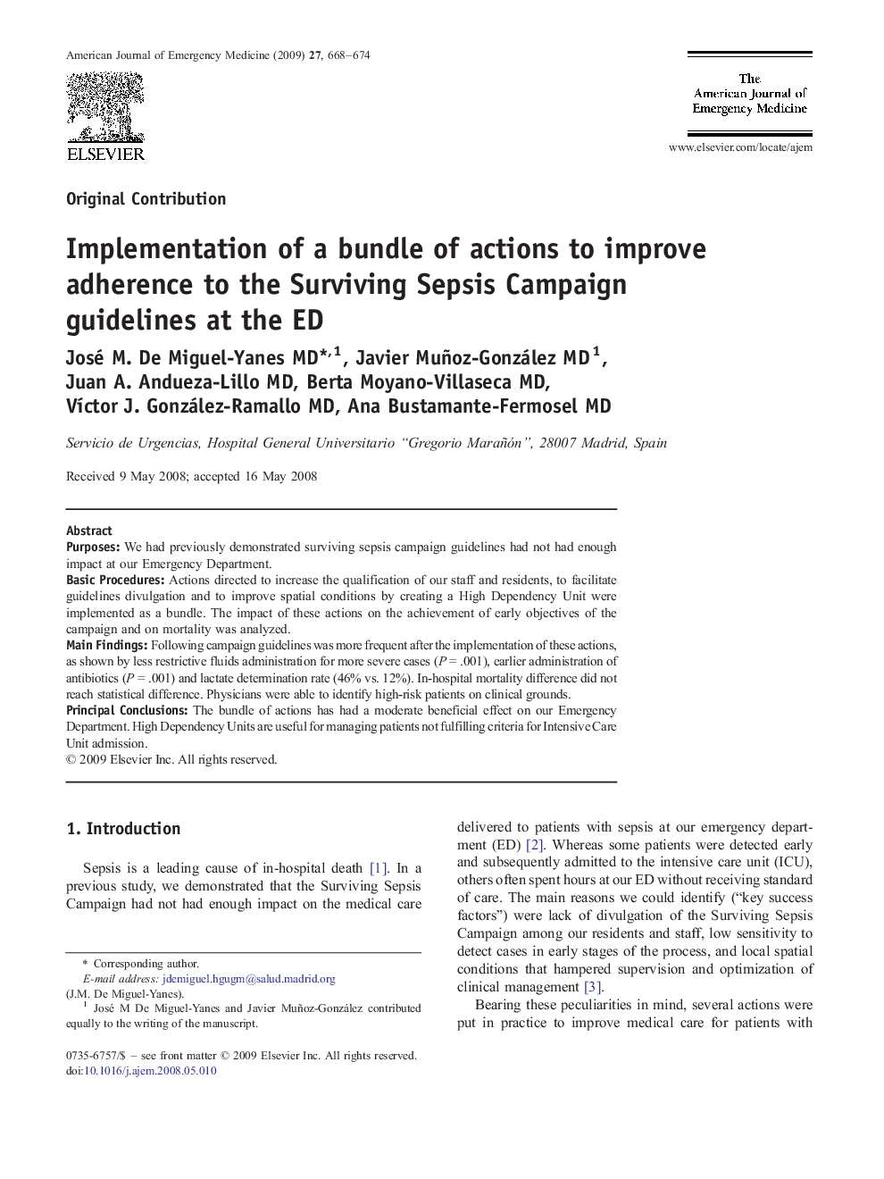 Implementation of a bundle of actions to improve adherence to the Surviving Sepsis Campaign guidelines at the ED