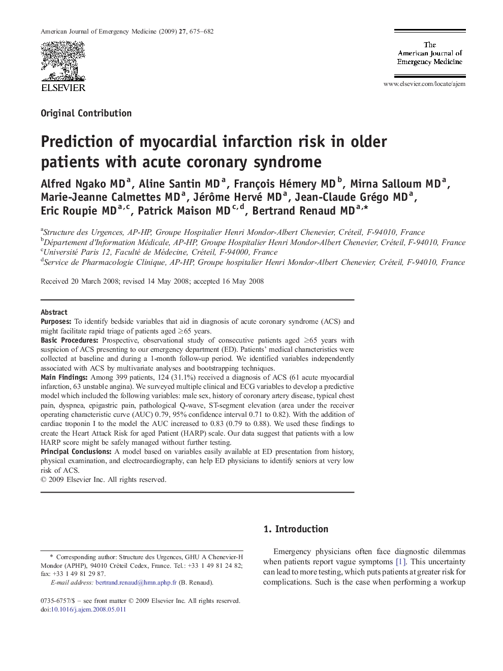 Prediction of myocardial infarction risk in older patients with acute coronary syndrome