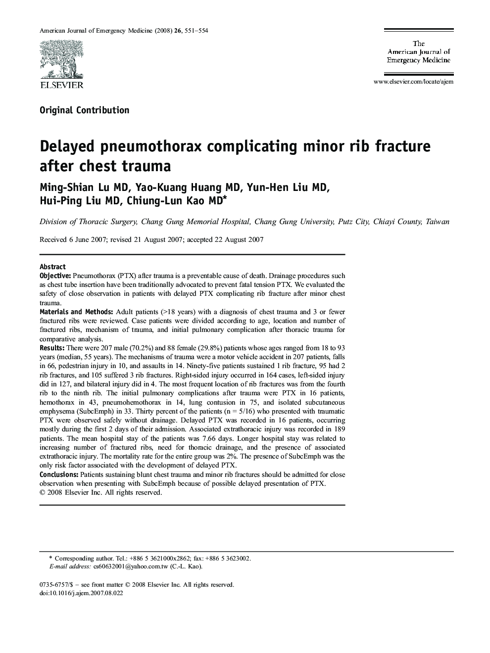 Delayed pneumothorax complicating minor rib fracture after chest trauma