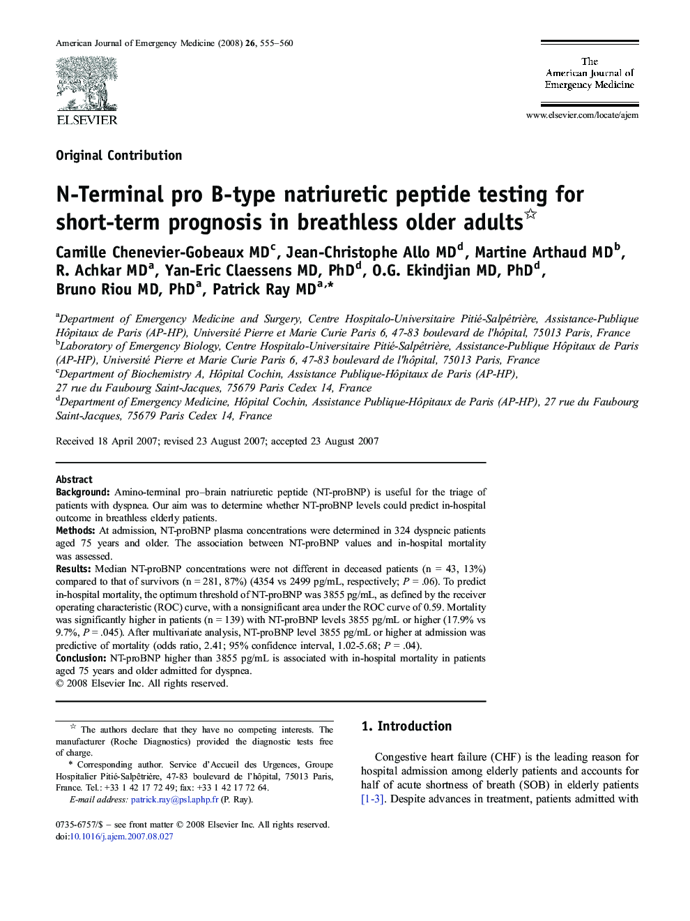 عکس صفحه اول مقاله: N-Terminal pro B-type natriuretic peptide testing for short-term prognosis in breathless older adults N-Terminal pro B-type natriuretic peptide testing for short-term prognosis in breathless older adults