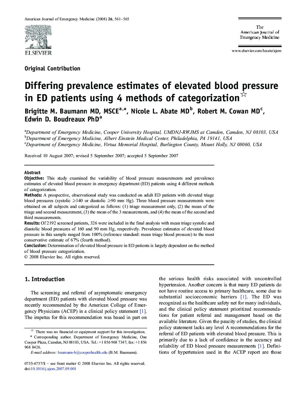 عکس صفحه اول مقاله: Differing prevalence estimates of elevated blood pressure in ED patients using 4 methods of categorization Differing prevalence estimates of elevated blood pressure in ED patients using 4 methods of categorization