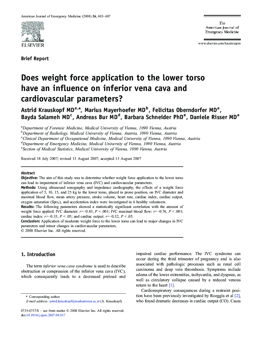 عکس صفحه اول مقاله: Does weight force application to the lower torso have an influence on inferior vena cava and cardiovascular parameters? Does weight force application to the lower torso have an influence on inferior vena cava and cardiovascular parameters?
