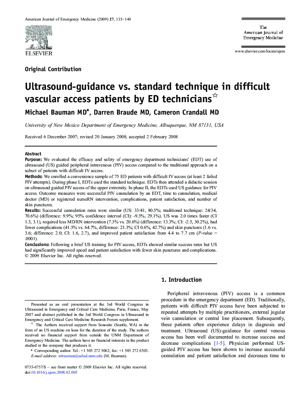 Ultrasound-guidance vs. standard technique in difficult vascular access patients by ED technicians 