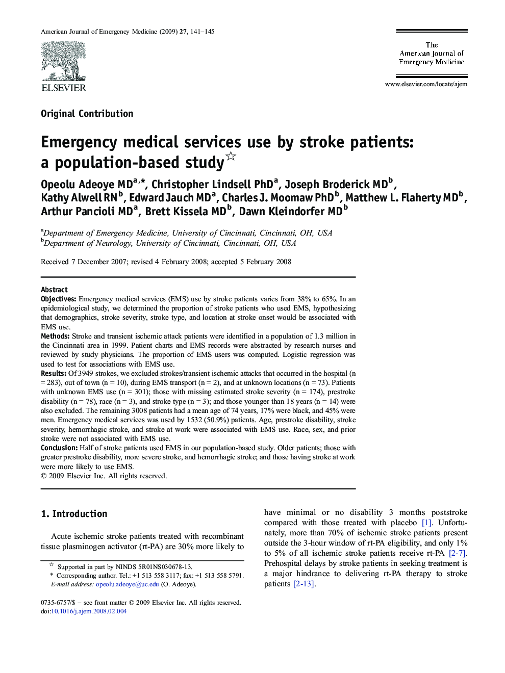 Emergency medical services use by stroke patients: a population-based study 