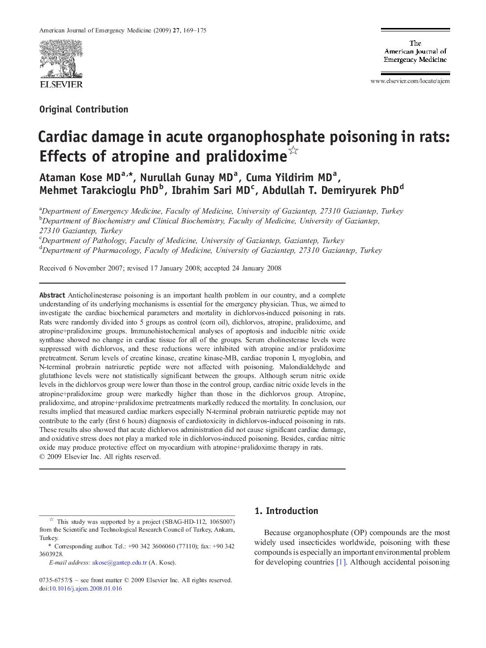 Cardiac damage in acute organophosphate poisoning in rats: Effects of atropine and pralidoxime 