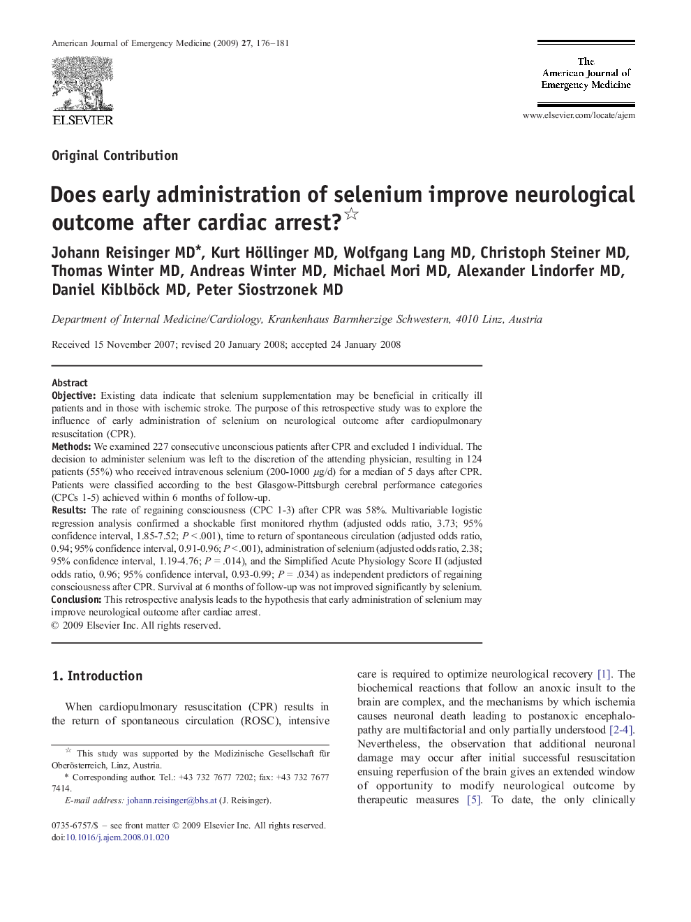 Does early administration of selenium improve neurological outcome after cardiac arrest? 