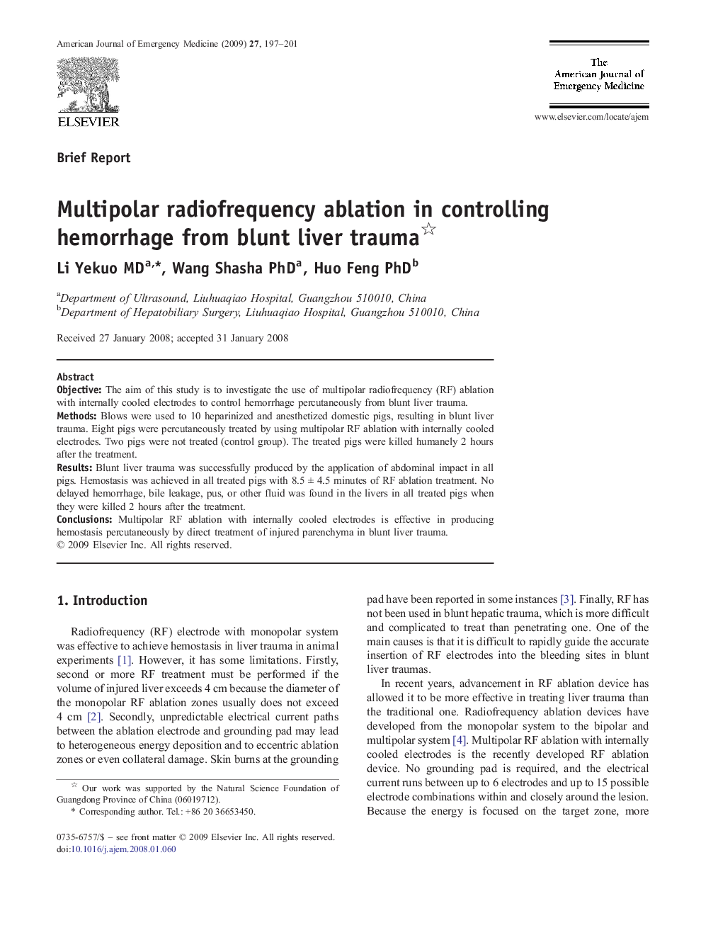 Multipolar radiofrequency ablation in controlling hemorrhage from blunt liver trauma 