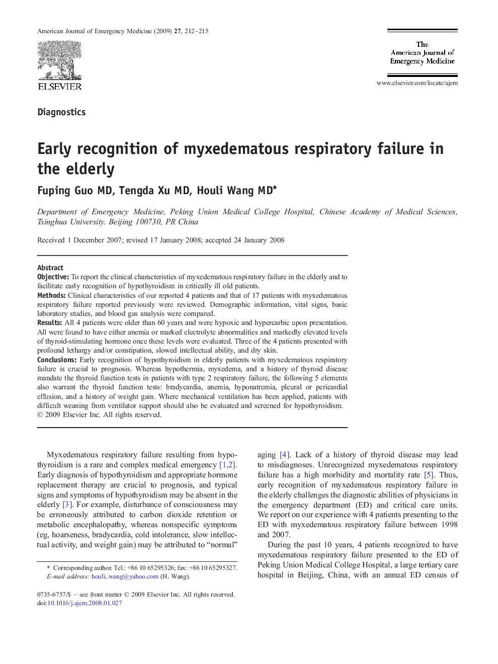 Early recognition of myxedematous respiratory failure in the elderly