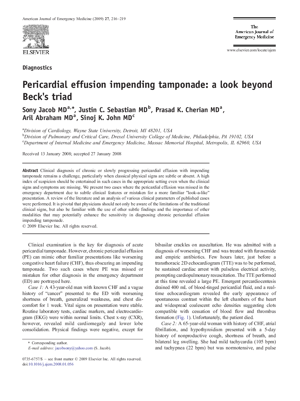 Pericardial effusion impending tamponade: a look beyond Beck's triad