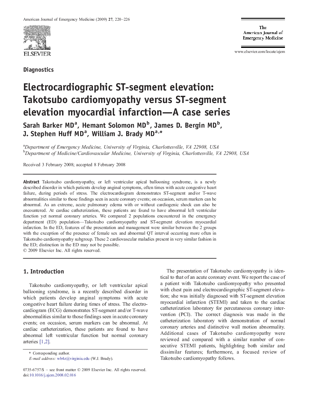 Electrocardiographic ST-segment elevation: Takotsubo cardiomyopathy versus ST-segment elevation myocardial infarction—A case series