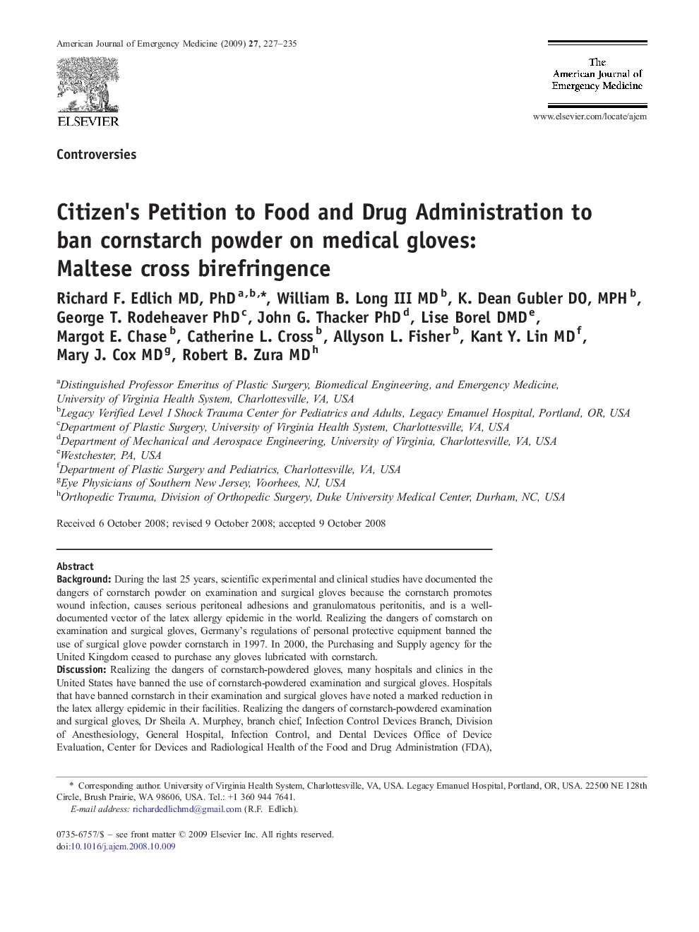 Citizen's Petition to Food and Drug Administration to ban cornstarch powder on medical gloves: Maltese cross birefringence