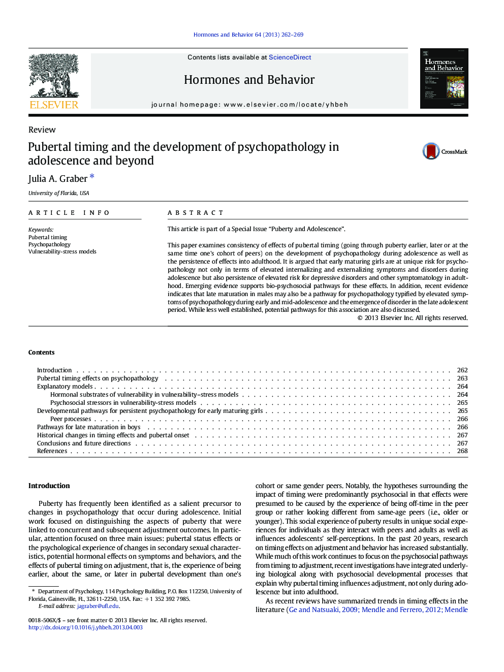 Pubertal timing and the development of psychopathology in adolescence and beyond