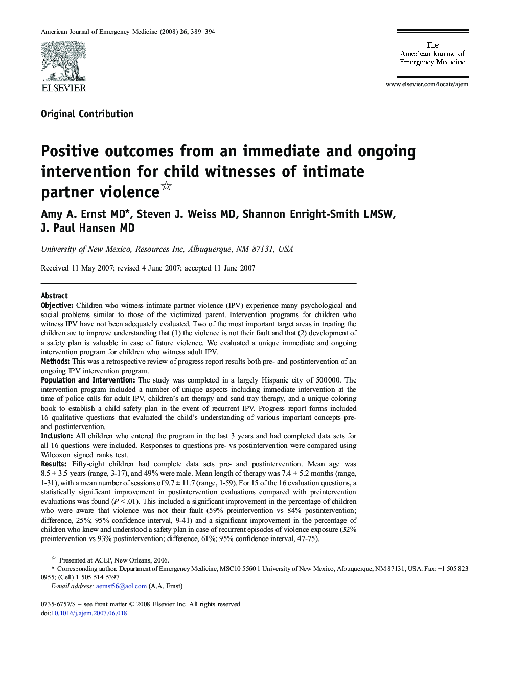 عکس صفحه اول مقاله: Positive outcomes from an immediate and ongoing intervention for child witnesses of intimate partner violence Positive outcomes from an immediate and ongoing intervention for child witnesses of intimate partner violence