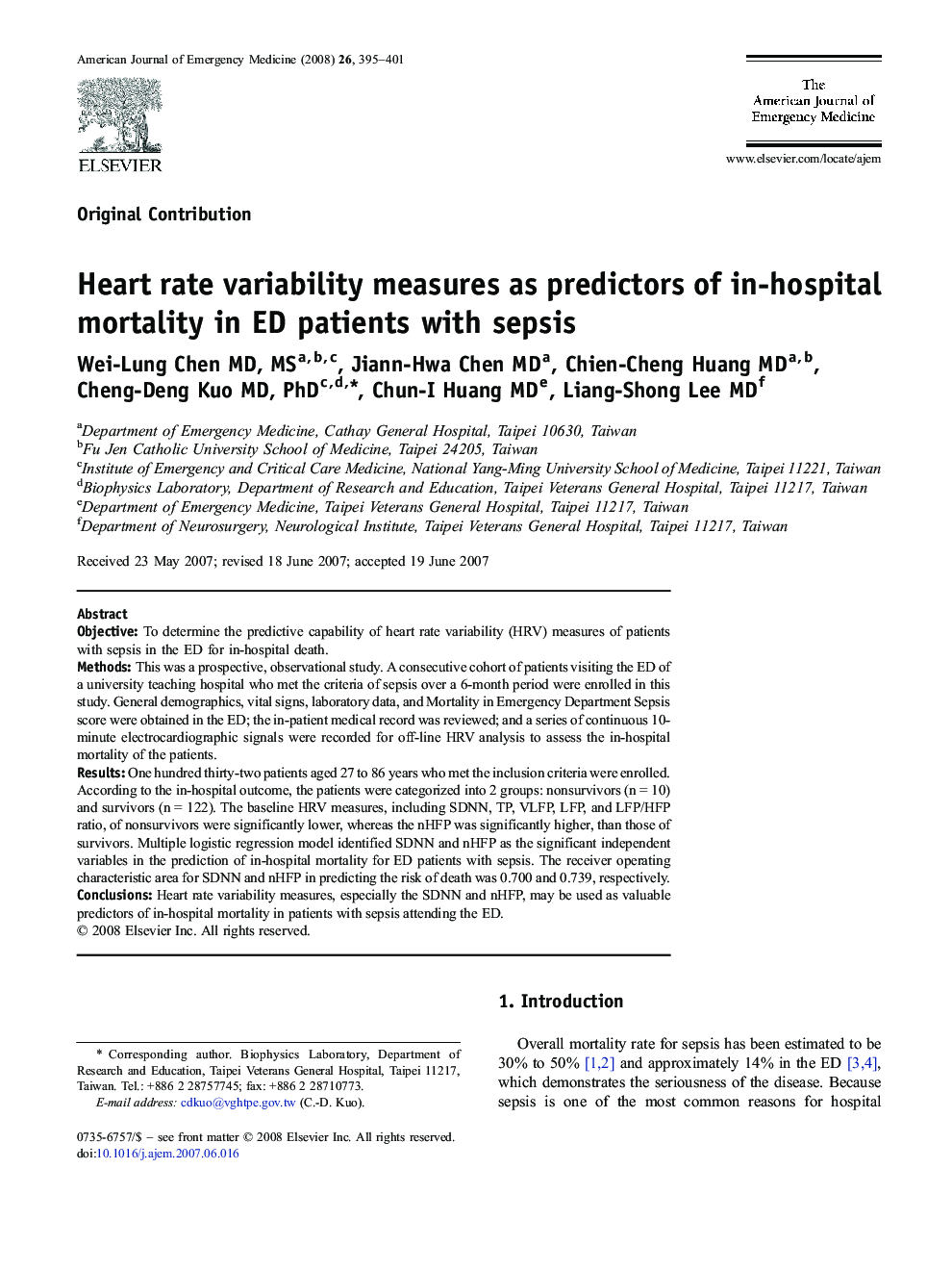 عکس صفحه اول مقاله: Heart rate variability measures as predictors of in-hospital mortality in ED patients with sepsis Heart rate variability measures as predictors of in-hospital mortality in ED patients with sepsis