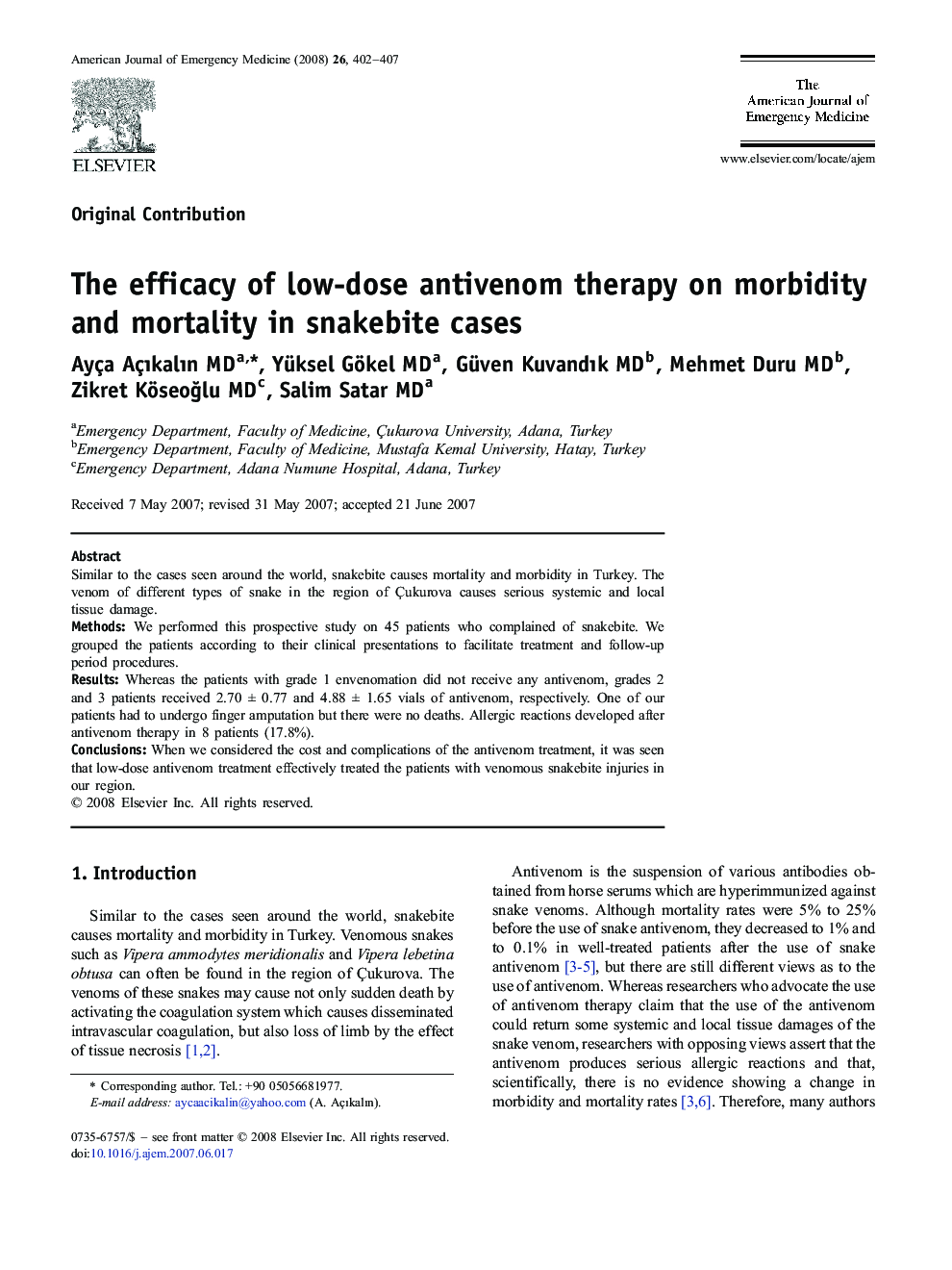 عکس صفحه اول مقاله: The efficacy of low-dose antivenom therapy on morbidity and mortality in snakebite cases The efficacy of low-dose antivenom therapy on morbidity and mortality in snakebite cases