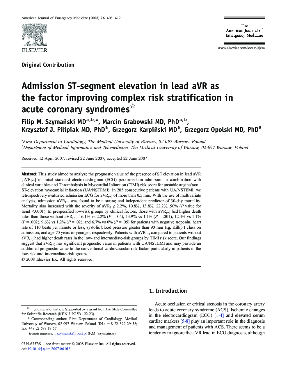عکس صفحه اول مقاله: Admission ST-segment elevation in lead aVR as the factor improving complex risk stratification in acute coronary syndromes Admission ST-segment elevation in lead aVR as the factor improving complex risk stratification in acute coronary syndromes