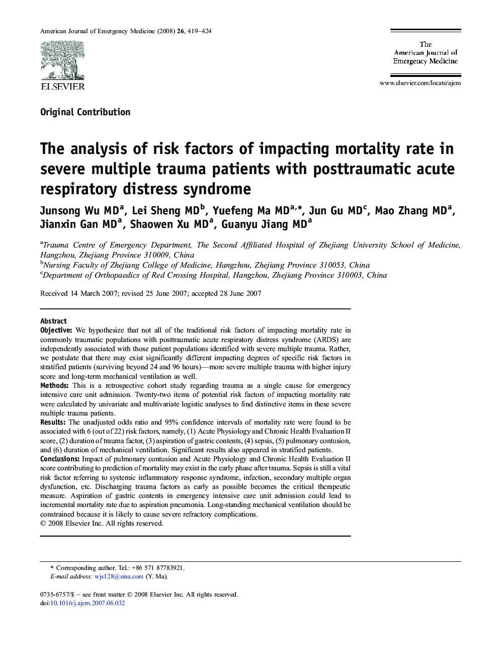 عکس صفحه اول مقاله: The analysis of risk factors of impacting mortality rate in severe multiple trauma patients with posttraumatic acute respiratory distress syndrome The analysis of risk factors of impacting mortality rate in severe multiple trauma patients with posttraumatic acute respiratory distress syndrome