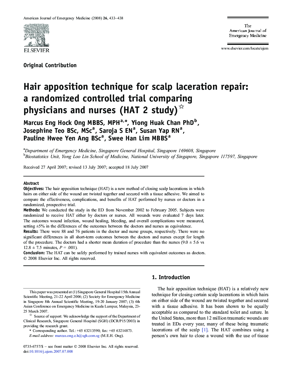 عکس صفحه اول مقاله: Hair apposition technique for scalp laceration repair: a randomized controlled trial comparing physicians and nurses (HAT 2 study) Hair apposition technique for scalp laceration repair: a randomized controlled trial comparing physicians and nurses (HAT 2 study)