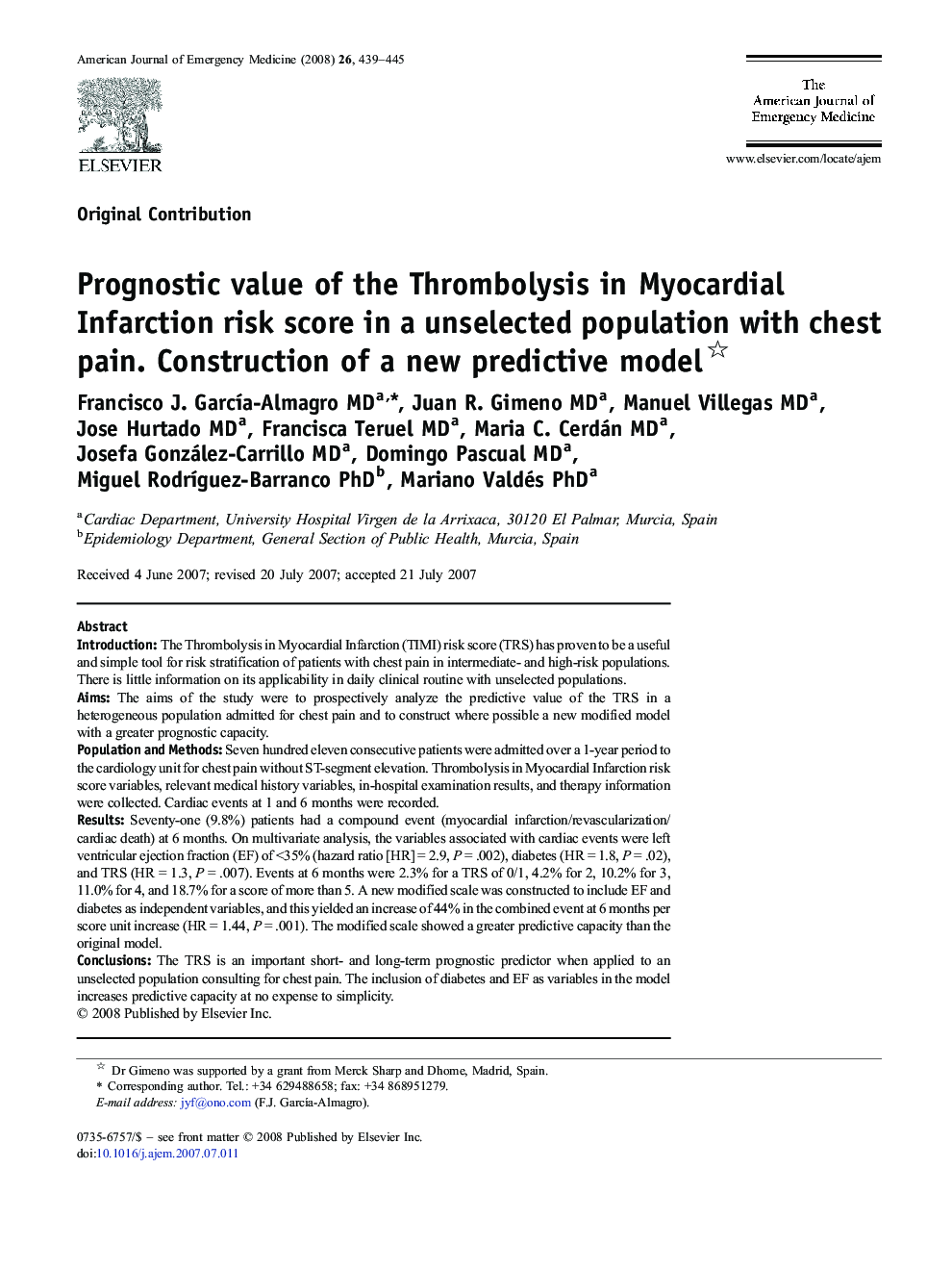 عکس صفحه اول مقاله: Prognostic value of the Thrombolysis in Myocardial Infarction risk score in a unselected population with chest pain. Construction of a new predictive model Prognostic value of the Thrombolysis in Myocardial Infarction risk score in a unselected population with chest pain. Construction of a new predictive model