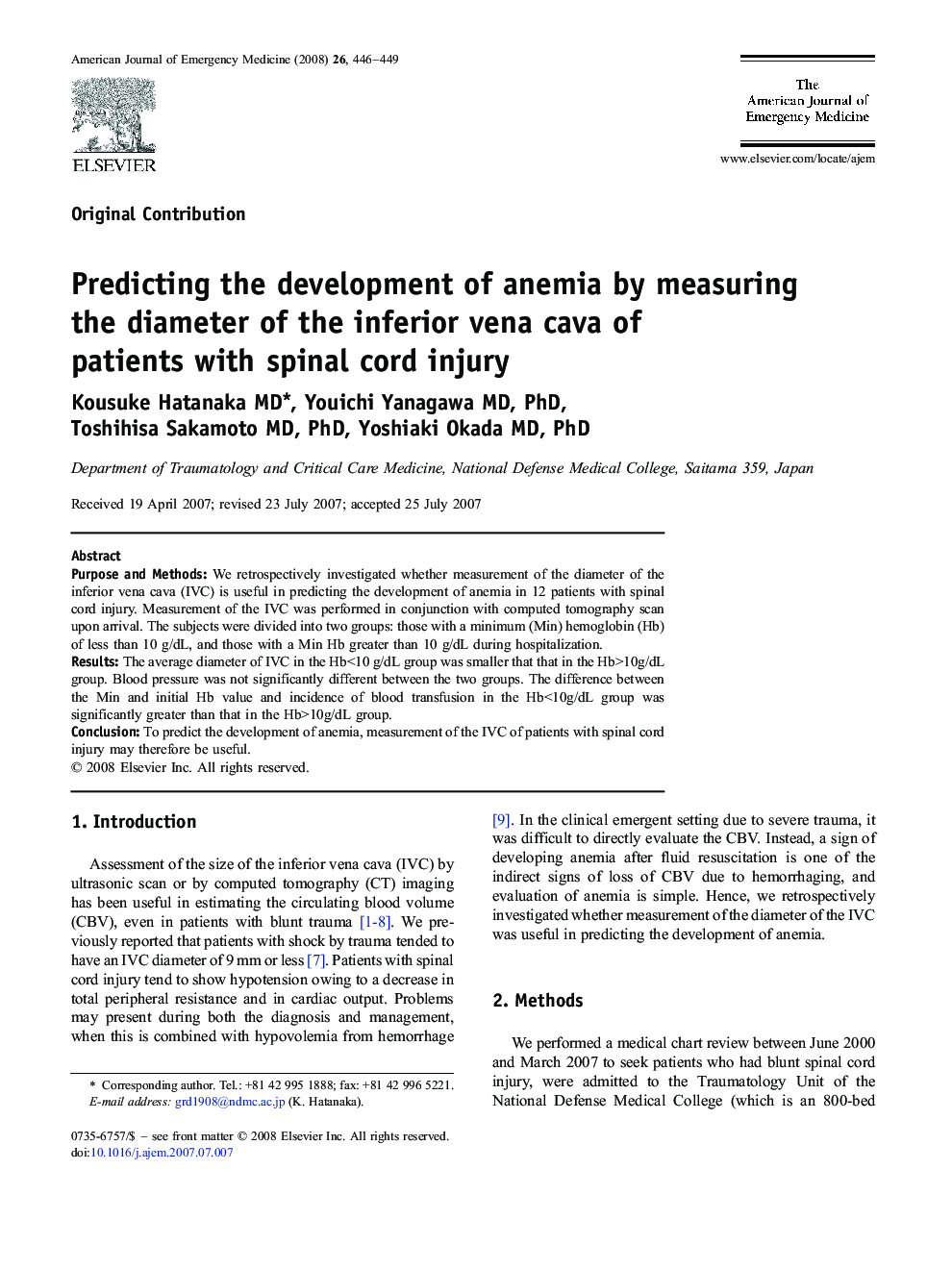 Predicting the development of anemia by measuring the diameter of the inferior vena cava of patients with spinal cord injury