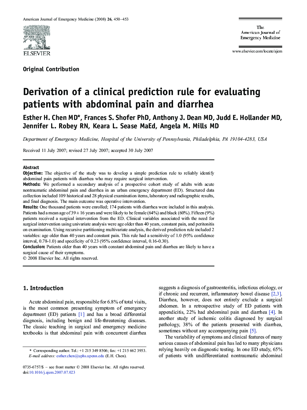 Derivation of a clinical prediction rule for evaluating patients with abdominal pain and diarrhea