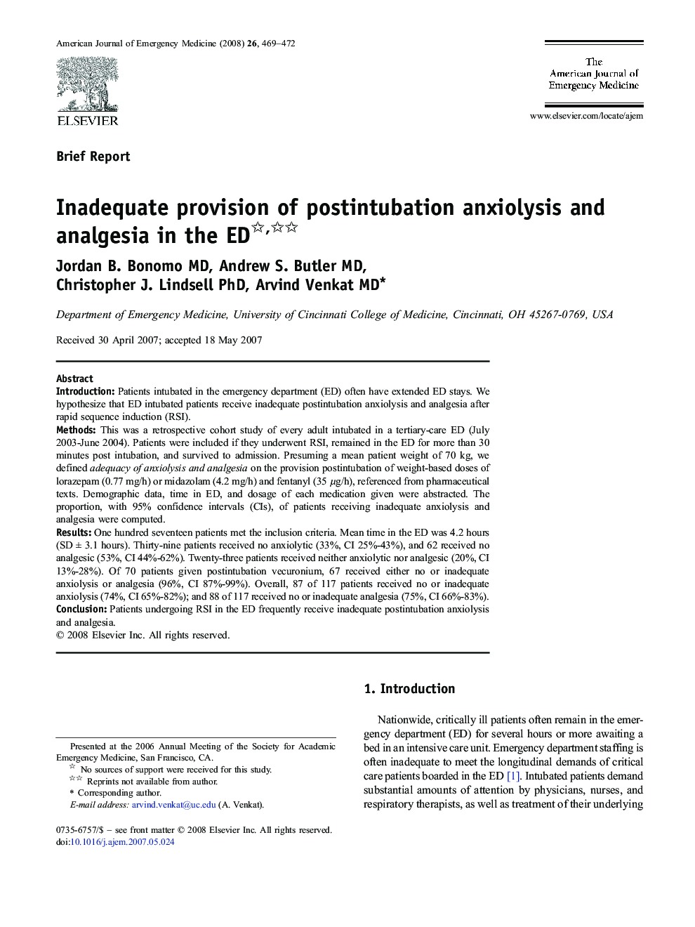 Inadequate provision of postintubation anxiolysis and analgesia in the ED 