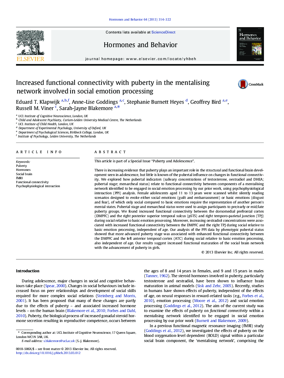 Increased functional connectivity with puberty in the mentalising network involved in social emotion processing