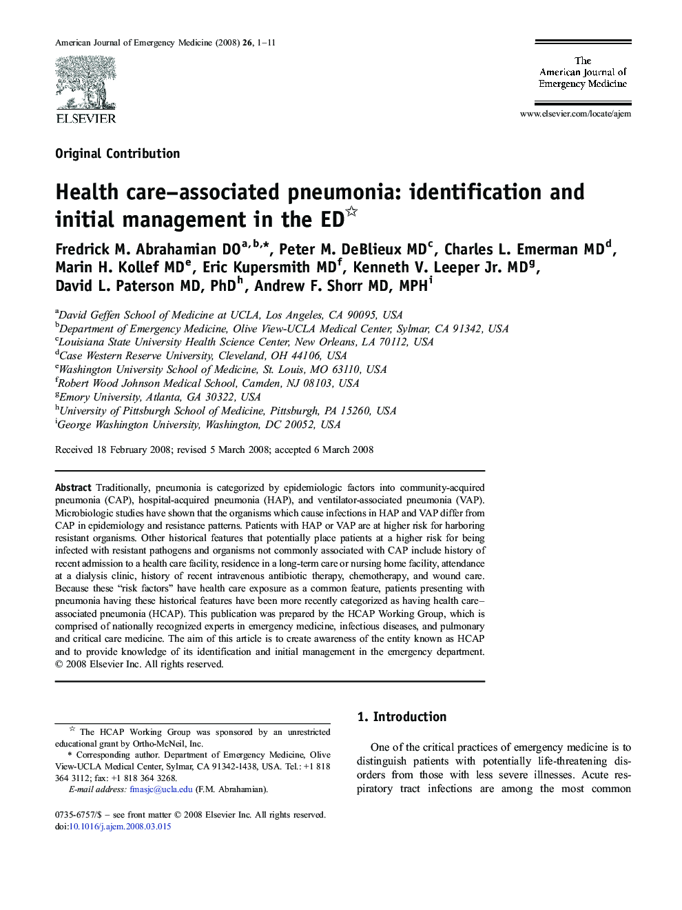 Health care–associated pneumonia: identification and initial management in the ED 
