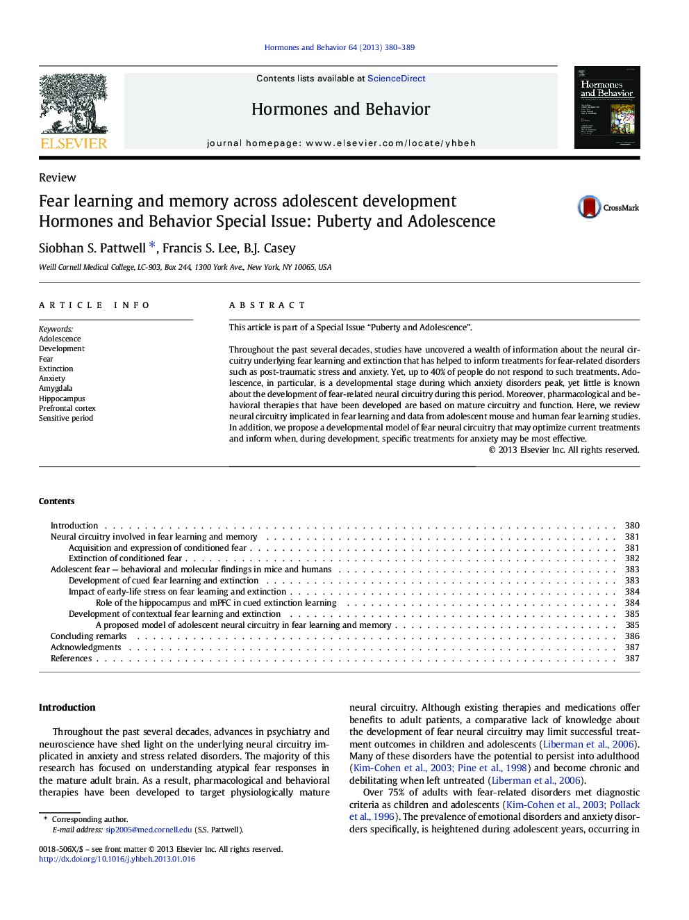 Fear learning and memory across adolescent development: Hormones and Behavior Special Issue: Puberty and Adolescence