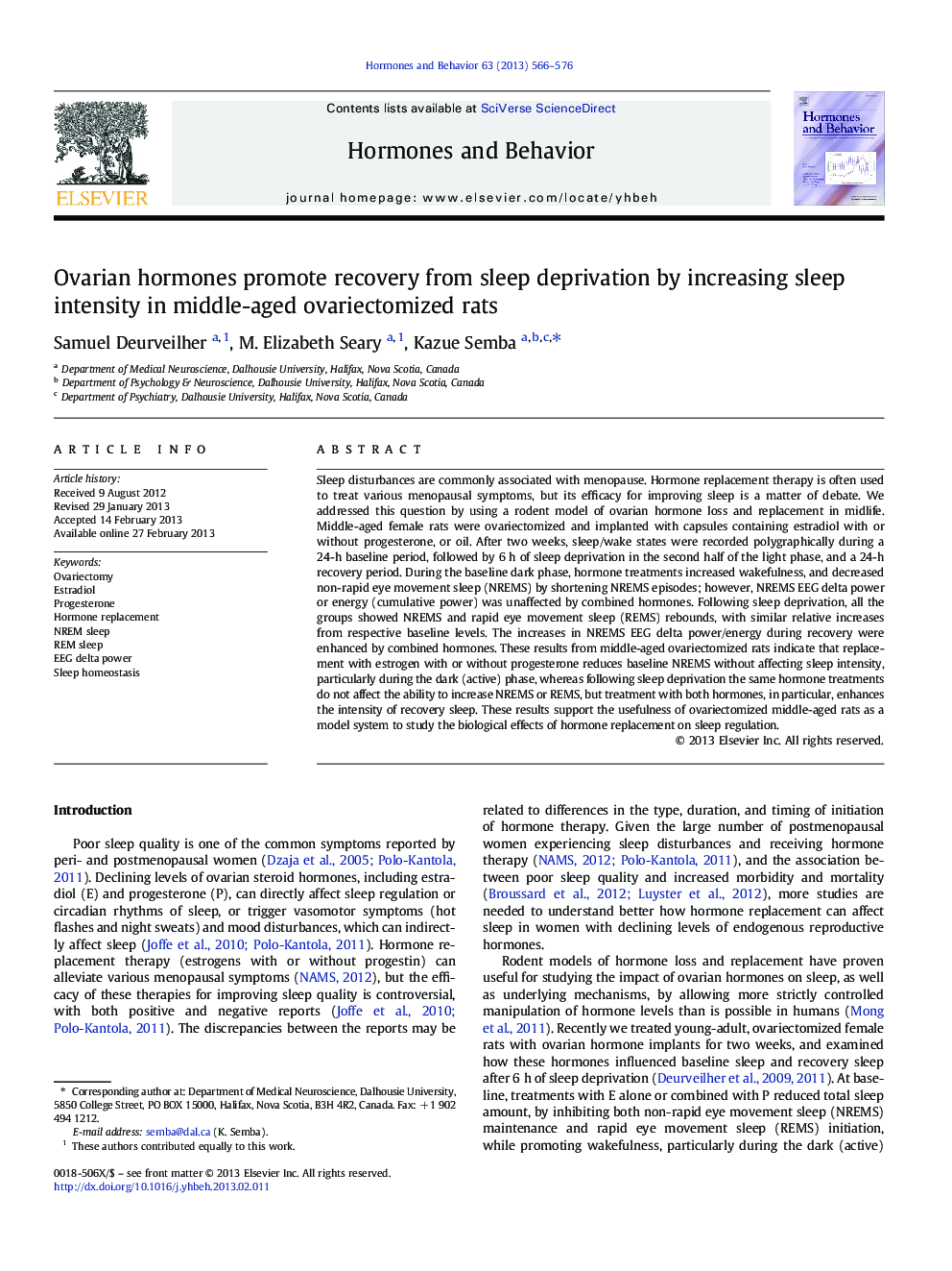 Ovarian hormones promote recovery from sleep deprivation by increasing sleep intensity in middle-aged ovariectomized rats