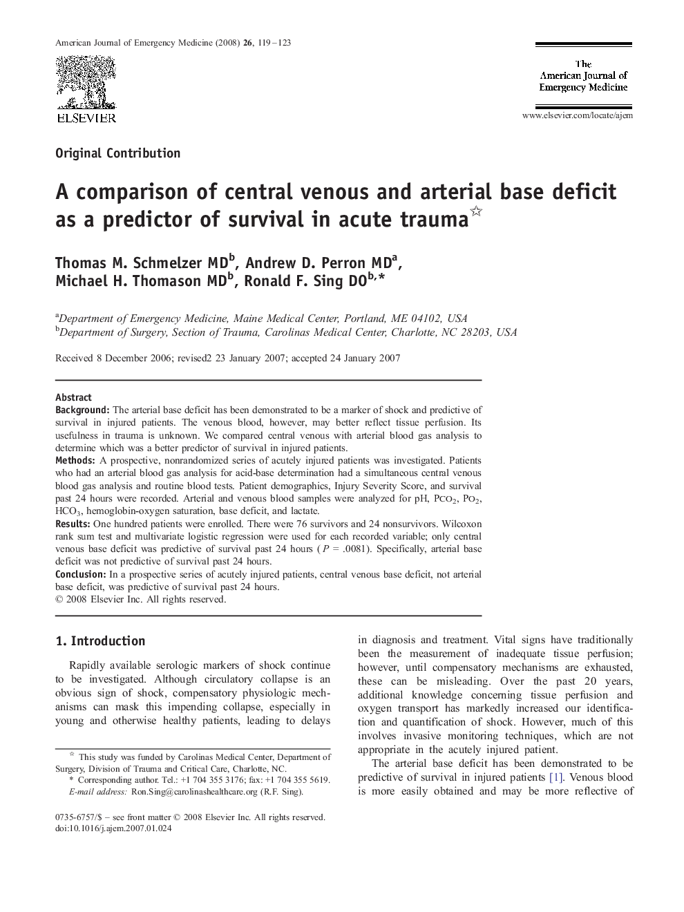 A comparison of central venous and arterial base deficit as a predictor of survival in acute trauma 