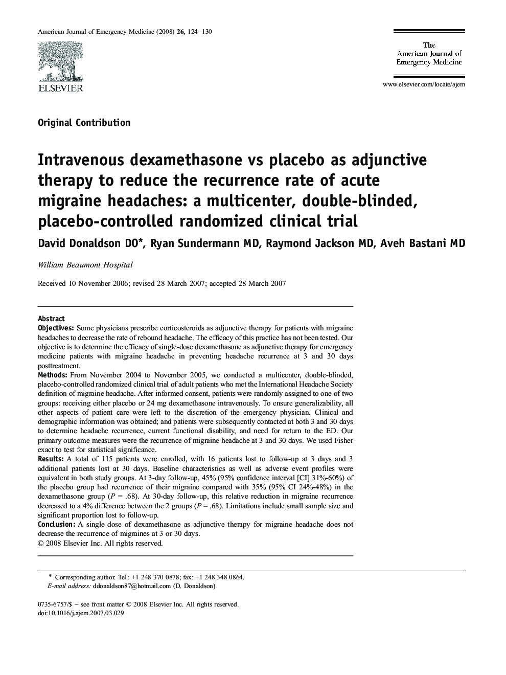 عکس صفحه اول مقاله: Intravenous dexamethasone vs placebo as adjunctive therapy to reduce the recurrence rate of acute migraine headaches: a multicenter, double-blinded, placebo-controlled randomized clinical trial Intravenous dexamethasone vs placebo as adjunctive therapy to reduce the recurrence rate of acute migraine headaches: a multicenter, double-blinded, placebo-controlled randomized clinical trial