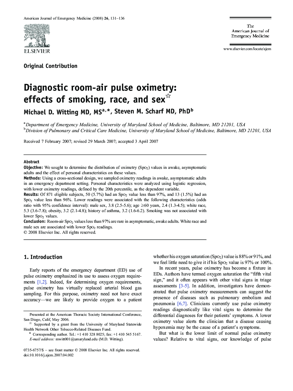 عکس صفحه اول مقاله: Diagnostic room-air pulse oximetry: effects of smoking, race, and sex Diagnostic room-air pulse oximetry: effects of smoking, race, and sex