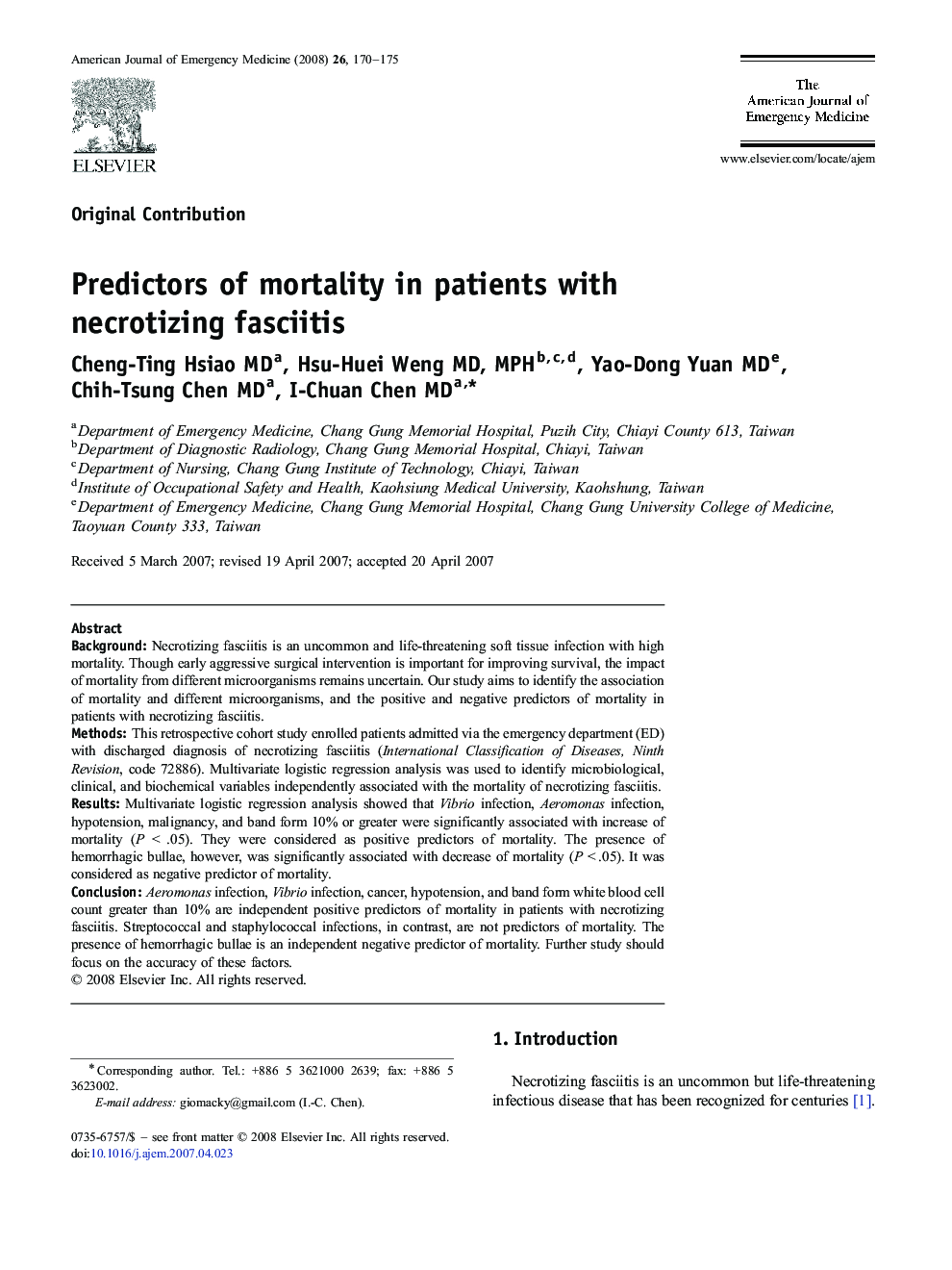 عکس صفحه اول مقاله: Predictors of mortality in patients with necrotizing fasciitis Predictors of mortality in patients with necrotizing fasciitis