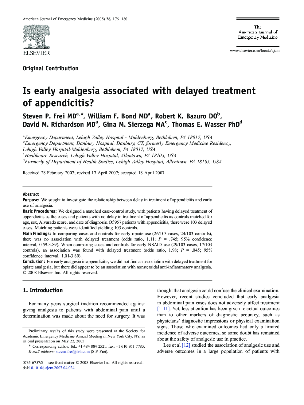 Is early analgesia associated with delayed treatment of appendicitis? 