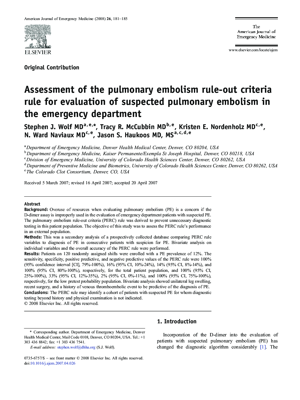 Assessment of the pulmonary embolism rule-out criteria rule for evaluation of suspected pulmonary embolism in the emergency department